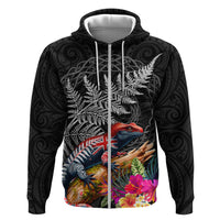 New Zealand Tuatara Hoodie Silver Fern Hibiscus and Tribal Maori Pattern Black Color LT03 Zip Hoodie Black - Polynesian Pride
