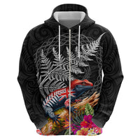 New Zealand Tuatara Hoodie Silver Fern Hibiscus and Tribal Maori Pattern Black Color LT03 - Polynesian Pride