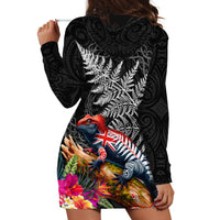 New Zealand Tuatara Hoodie Dress Silver Fern Hibiscus and Tribal Maori Pattern Black Color LT03 - Polynesian Pride
