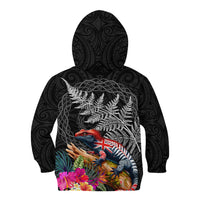 New Zealand Tuatara Kid Hoodie Silver Fern Hibiscus and Tribal Maori Pattern Black Color LT03 - Polynesian Pride
