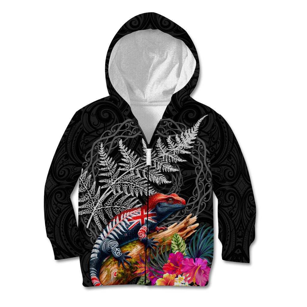 New Zealand Tuatara Kid Hoodie Silver Fern Hibiscus and Tribal Maori Pattern Black Color LT03 Zip Hoodie Black - Polynesian Pride