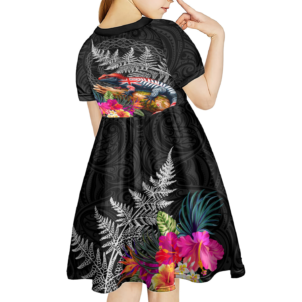 New Zealand Tuatara Kid Short Sleeve Dress Silver Fern Hibiscus and Tribal Maori Pattern Black Color LT03 - Polynesian Pride