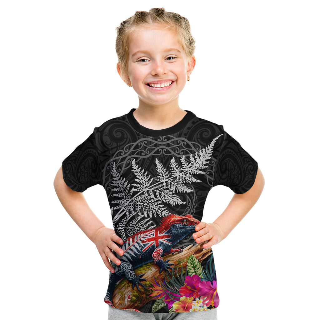 New Zealand Tuatara Kid T Shirt Silver Fern Hibiscus and Tribal Maori Pattern Black Color LT03 Black - Polynesian Pride