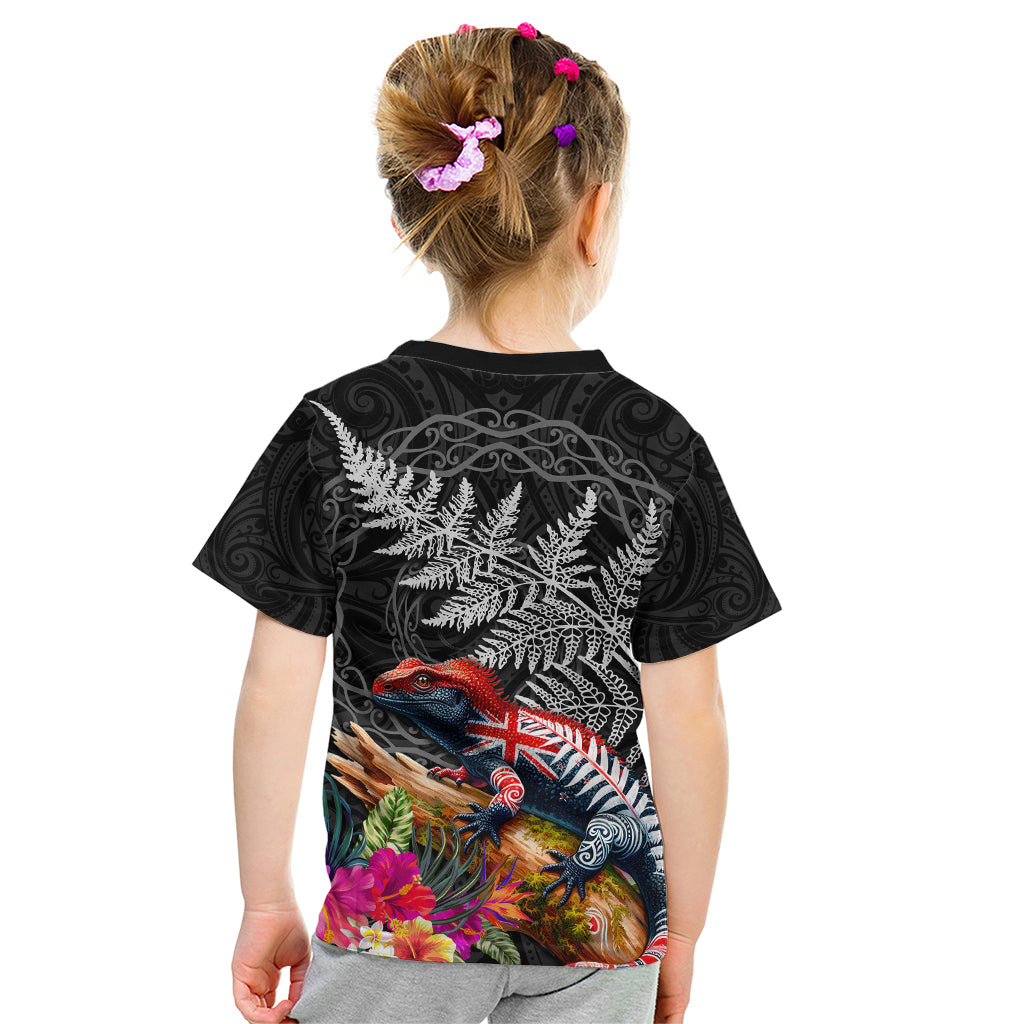 New Zealand Tuatara Kid T Shirt Silver Fern Hibiscus and Tribal Maori Pattern Black Color LT03 - Polynesian Pride