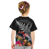 New Zealand Tuatara Kid T Shirt Silver Fern Hibiscus and Tribal Maori Pattern Black Color LT03 - Polynesian Pride