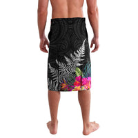 New Zealand Tuatara Lavalava Silver Fern Hibiscus and Tribal Maori Pattern Black Color LT03 - Polynesian Pride