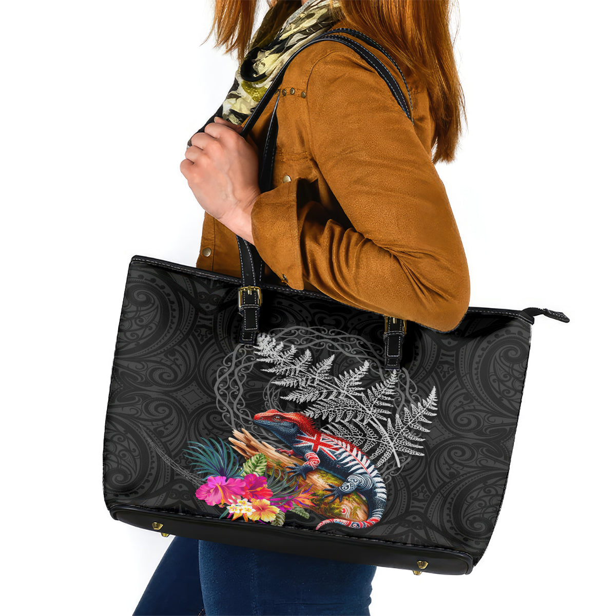 New Zealand Tuatara Leather Tote Bag Silver Fern Hibiscus and Tribal Maori Pattern Black Color LT03 Black - Polynesian Pride