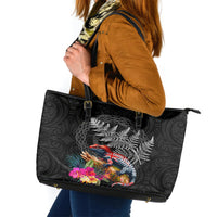 New Zealand Tuatara Leather Tote Bag Silver Fern Hibiscus and Tribal Maori Pattern Black Color LT03 Black - Polynesian Pride