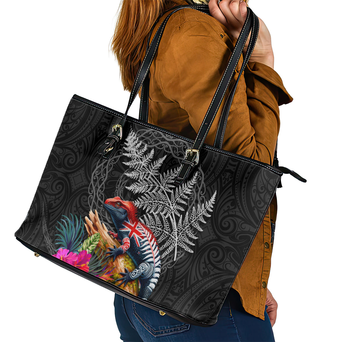 New Zealand Tuatara Leather Tote Bag Silver Fern Hibiscus and Tribal Maori Pattern Black Color LT03 - Polynesian Pride