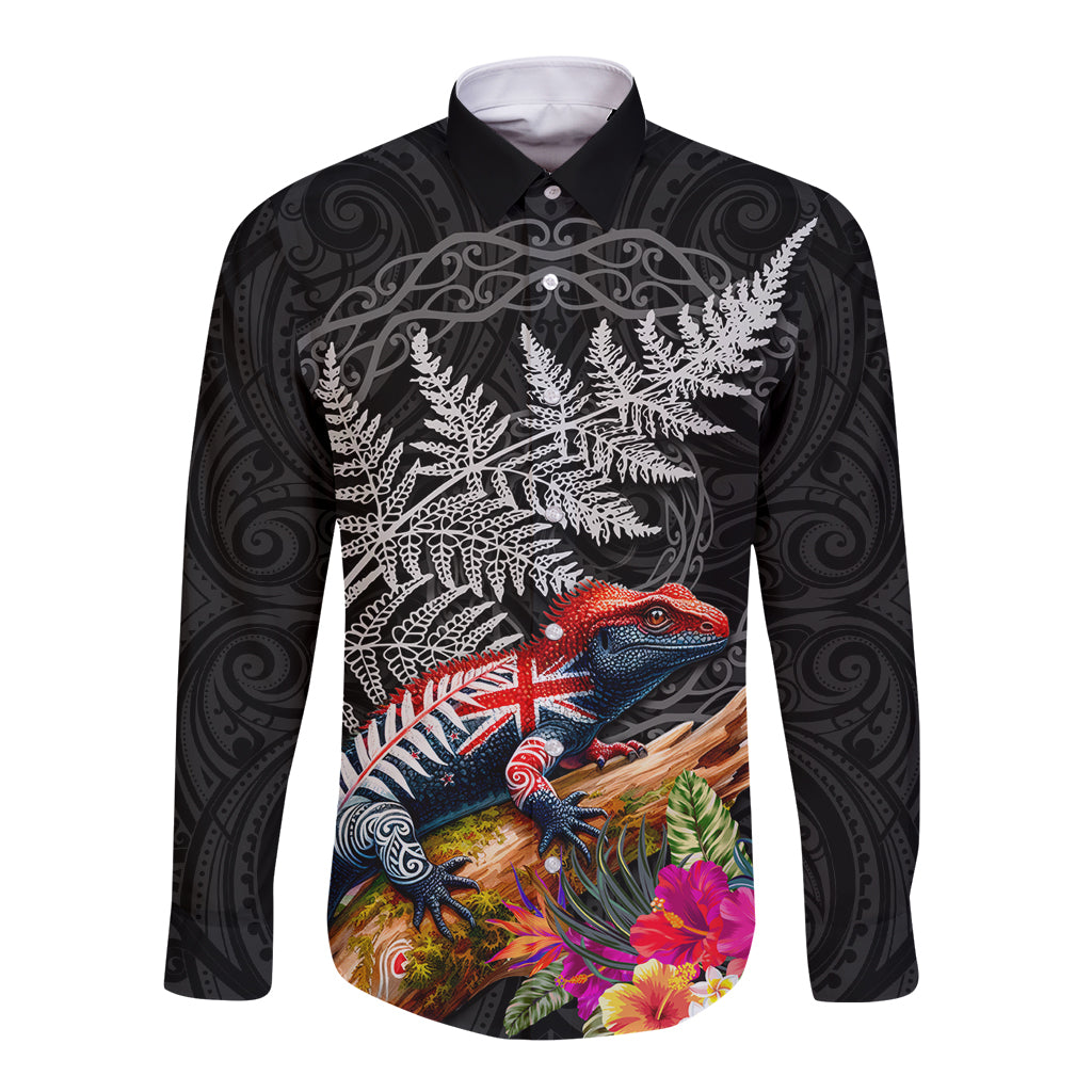 New Zealand Tuatara Long Sleeve Button Shirt Silver Fern Hibiscus and Tribal Maori Pattern Black Color LT03 Unisex Black - Polynesian Pride