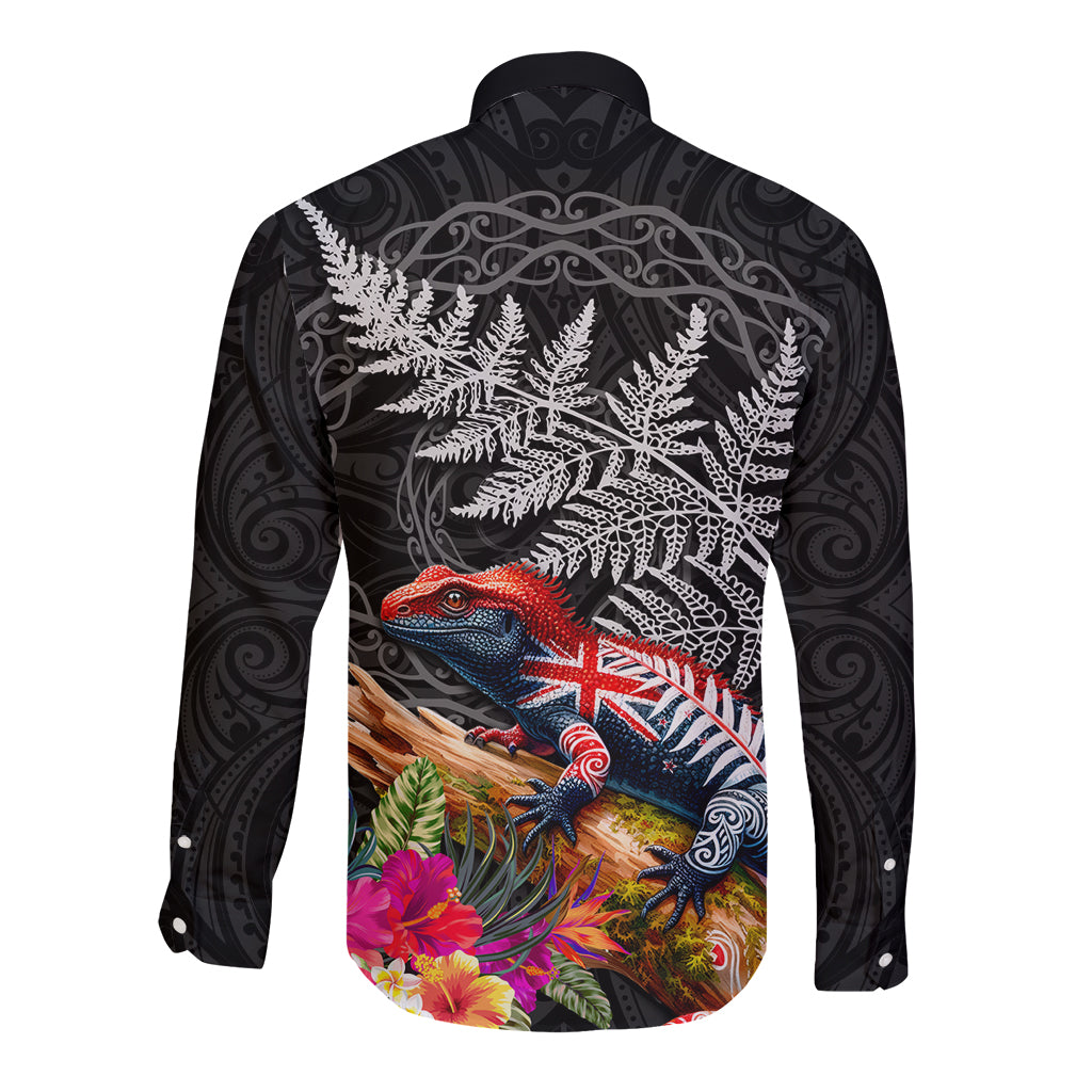 New Zealand Tuatara Long Sleeve Button Shirt Silver Fern Hibiscus and Tribal Maori Pattern Black Color LT03 - Polynesian Pride