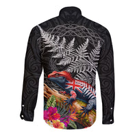 New Zealand Tuatara Long Sleeve Button Shirt Silver Fern Hibiscus and Tribal Maori Pattern Black Color LT03 - Polynesian Pride
