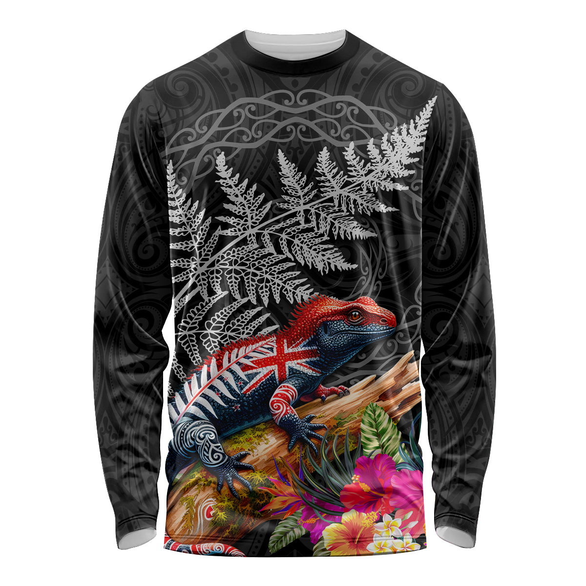 New Zealand Tuatara Long Sleeve Shirt Silver Fern Hibiscus and Tribal Maori Pattern Black Color LT03 Unisex Black - Polynesian Pride