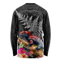 New Zealand Tuatara Long Sleeve Shirt Silver Fern Hibiscus and Tribal Maori Pattern Black Color LT03 - Polynesian Pride