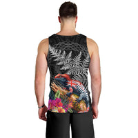 New Zealand Tuatara Men Tank Top Silver Fern Hibiscus and Tribal Maori Pattern Black Color LT03 - Polynesian Pride