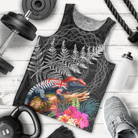 New Zealand Tuatara Men Tank Top Silver Fern Hibiscus and Tribal Maori Pattern Black Color LT03 - Polynesian Pride