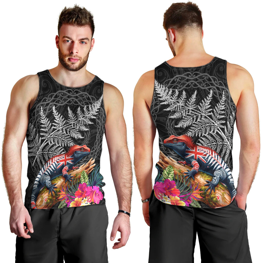 New Zealand Tuatara Men Tank Top Silver Fern Hibiscus and Tribal Maori Pattern Black Color LT03 - Polynesian Pride