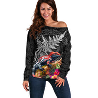 New Zealand Tuatara Off Shoulder Sweater Silver Fern Hibiscus and Tribal Maori Pattern Black Color LT03 Women Black - Polynesian Pride