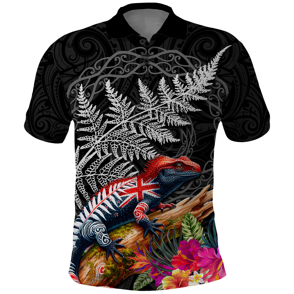New Zealand Tuatara Polo Shirt Silver Fern Hibiscus and Tribal Maori Pattern Black Color LT03 Black - Polynesian Pride