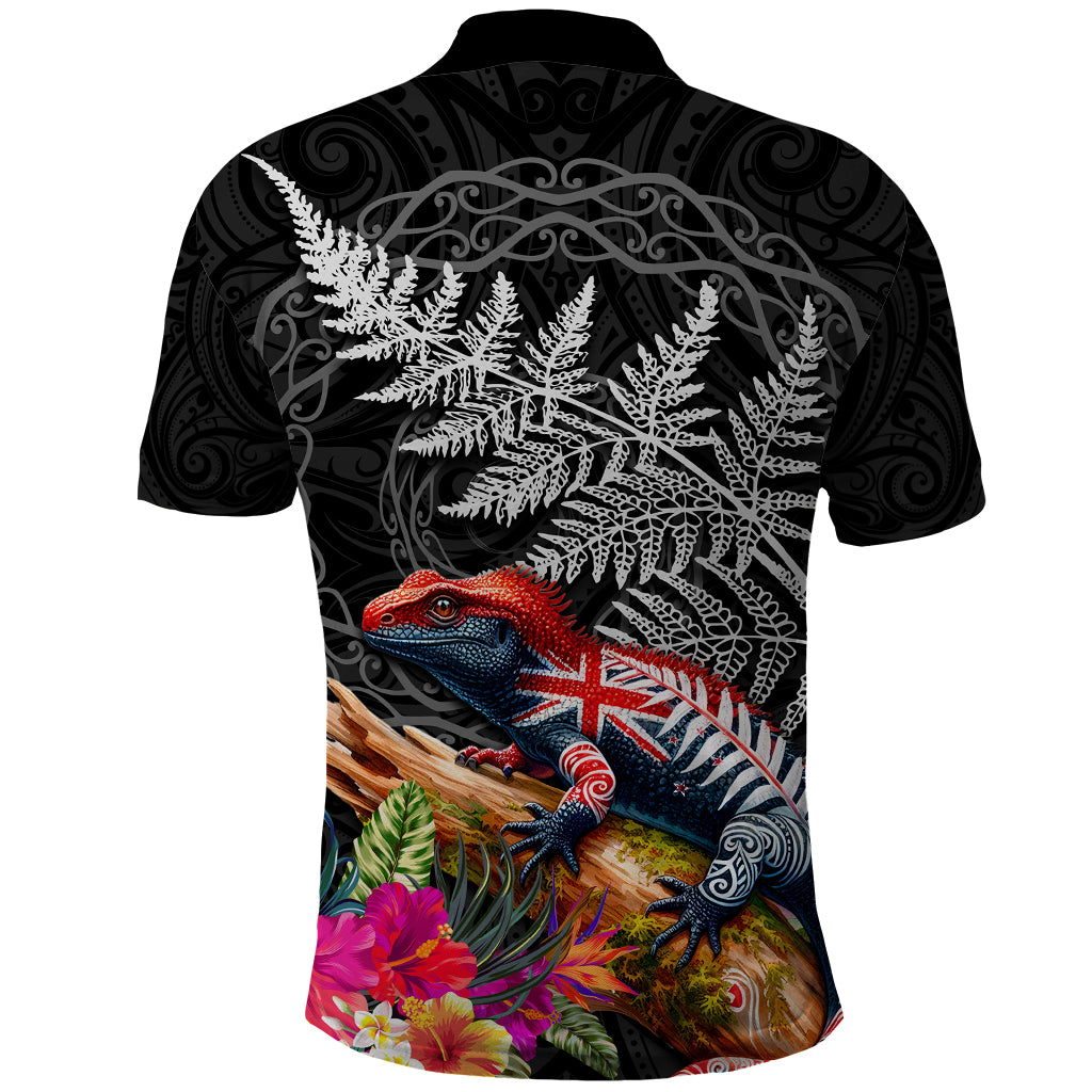 New Zealand Tuatara Polo Shirt Silver Fern Hibiscus and Tribal Maori Pattern Black Color LT03 - Polynesian Pride
