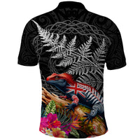 New Zealand Tuatara Polo Shirt Silver Fern Hibiscus and Tribal Maori Pattern Black Color LT03 - Polynesian Pride