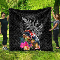 New Zealand Tuatara Quilt Silver Fern Hibiscus and Tribal Maori Pattern Black Color LT03 - Polynesian Pride