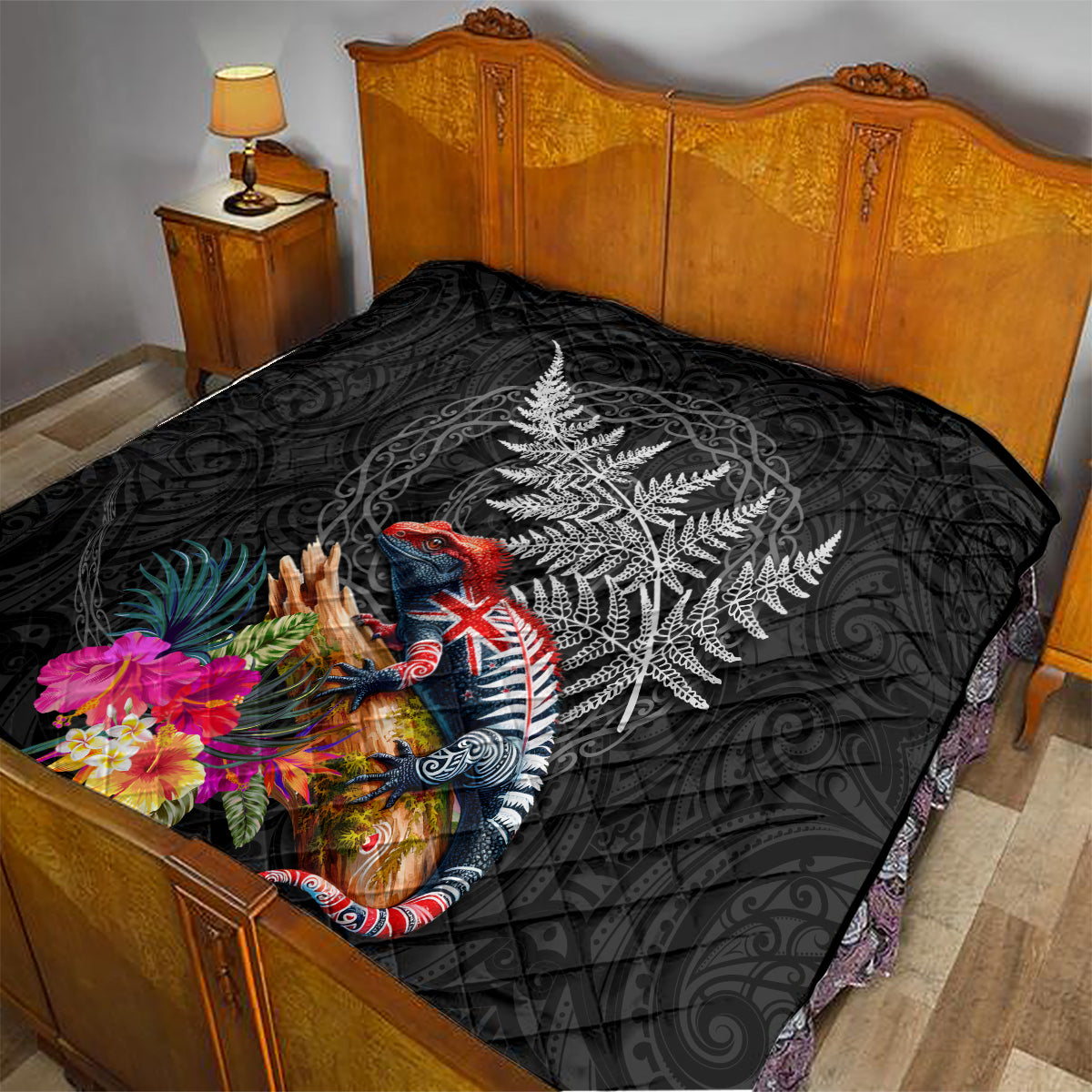 New Zealand Tuatara Quilt Silver Fern Hibiscus and Tribal Maori Pattern Black Color LT03 - Polynesian Pride