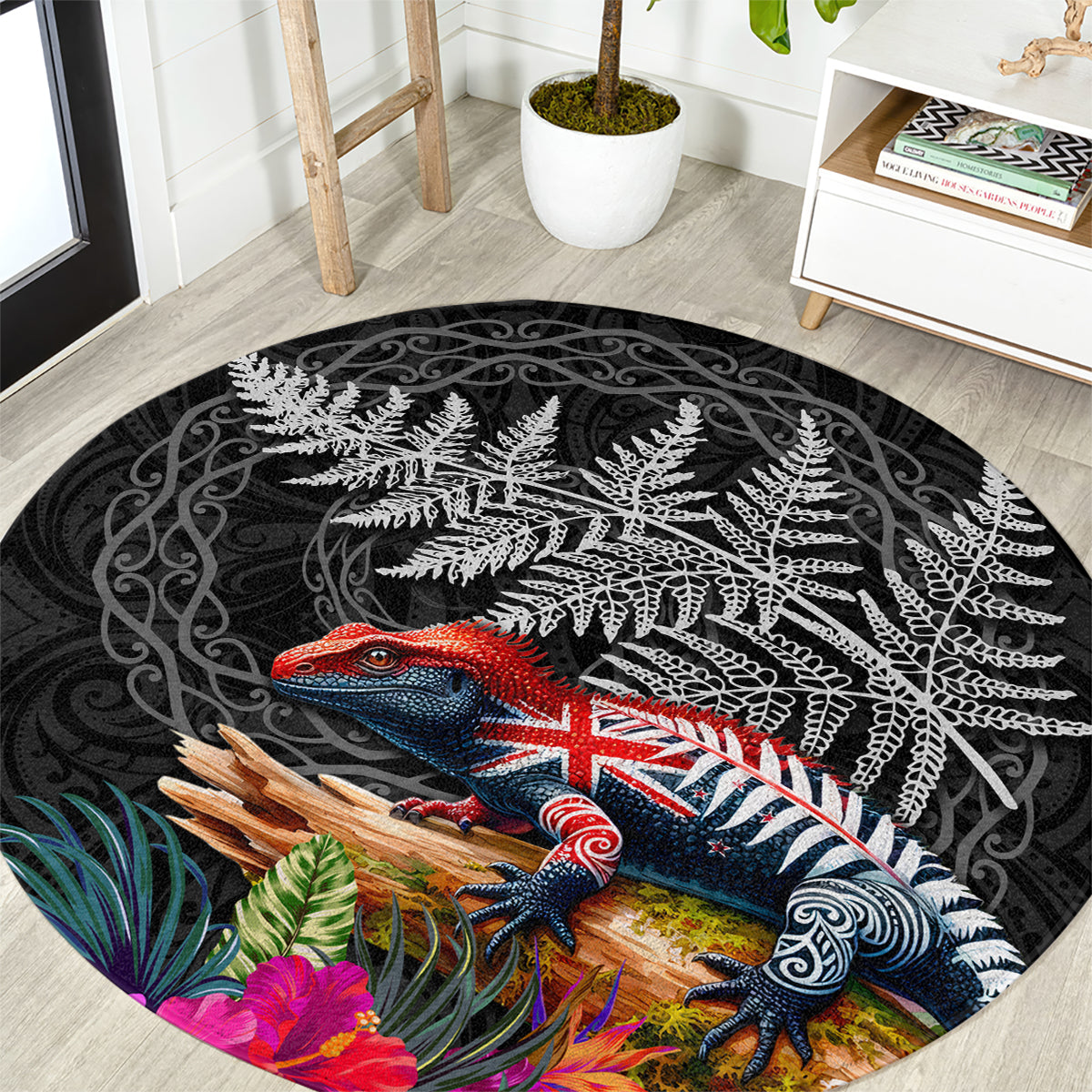 New Zealand Tuatara Round Carpet Silver Fern Hibiscus and Tribal Maori Pattern Black Color LT03 Black - Polynesian Pride