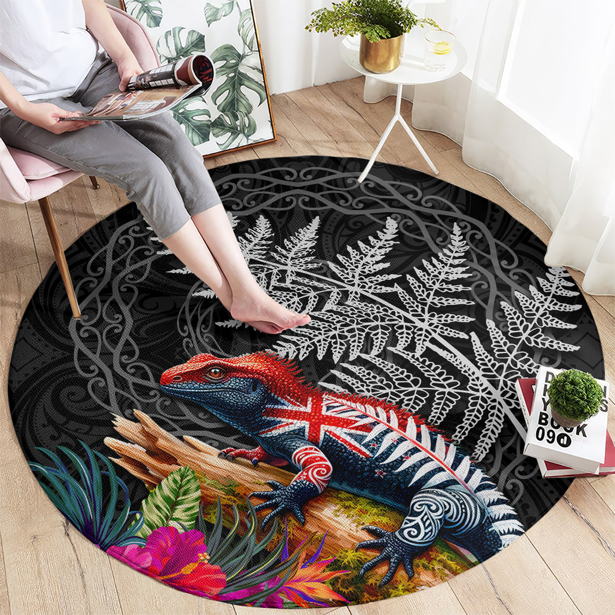 New Zealand Tuatara Round Carpet Silver Fern Hibiscus and Tribal Maori Pattern Black Color LT03 - Polynesian Pride
