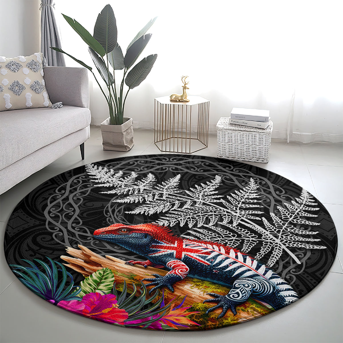 New Zealand Tuatara Round Carpet Silver Fern Hibiscus and Tribal Maori Pattern Black Color LT03 - Polynesian Pride