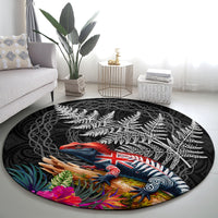 New Zealand Tuatara Round Carpet Silver Fern Hibiscus and Tribal Maori Pattern Black Color LT03 - Polynesian Pride