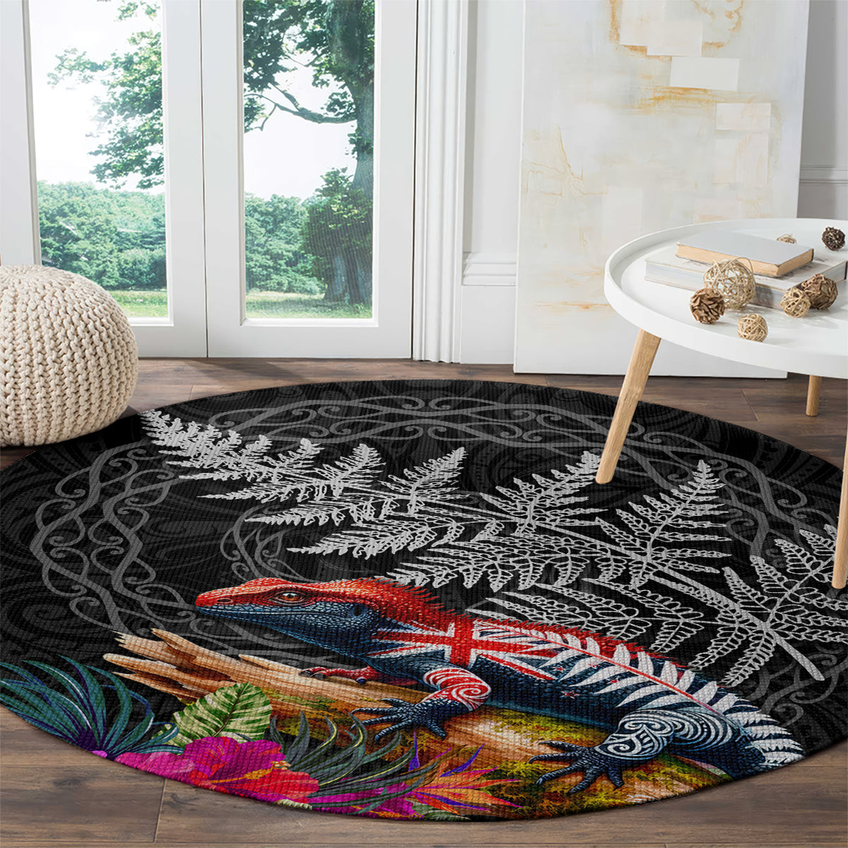 New Zealand Tuatara Round Carpet Silver Fern Hibiscus and Tribal Maori Pattern Black Color LT03 - Polynesian Pride