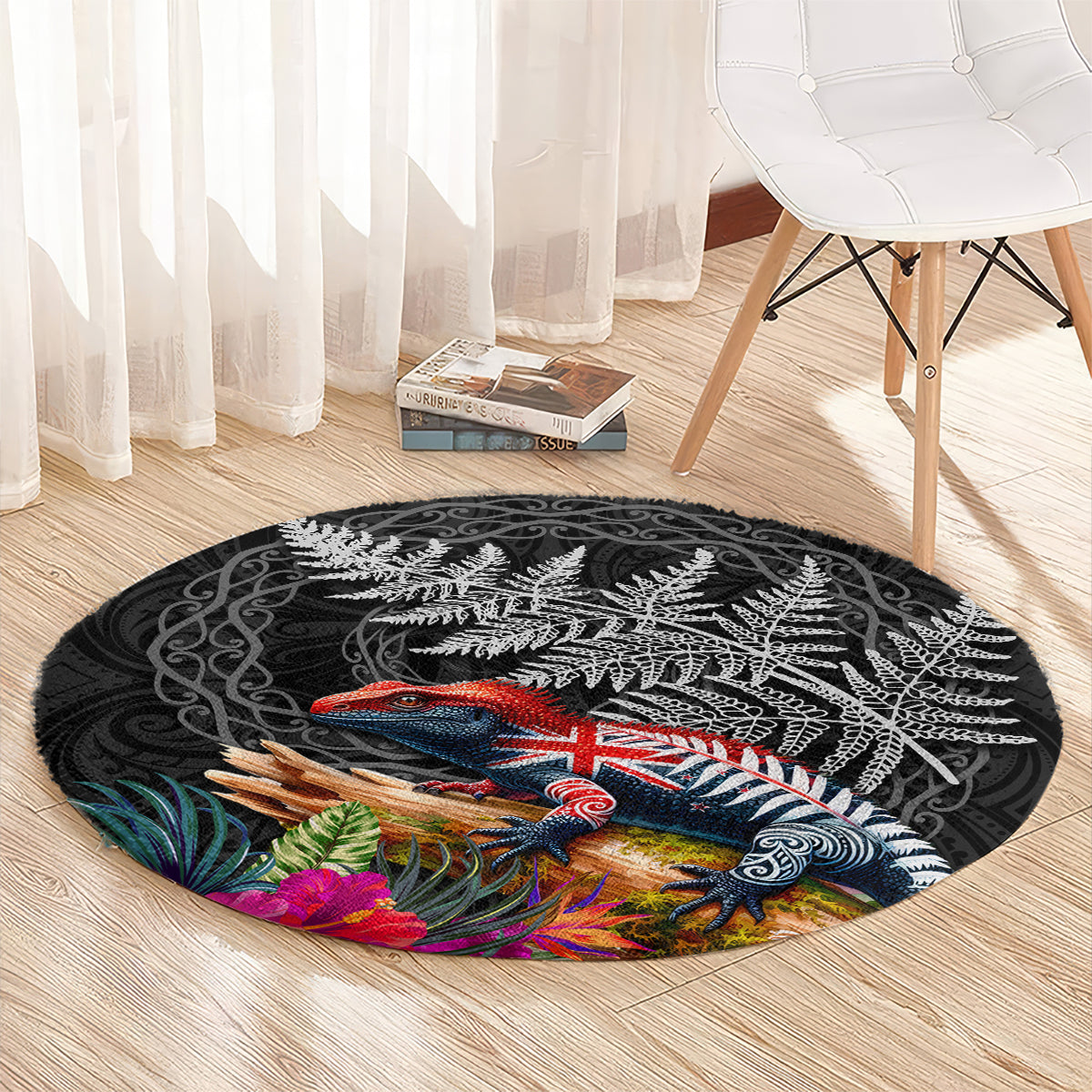 New Zealand Tuatara Round Carpet Silver Fern Hibiscus and Tribal Maori Pattern Black Color LT03 - Polynesian Pride