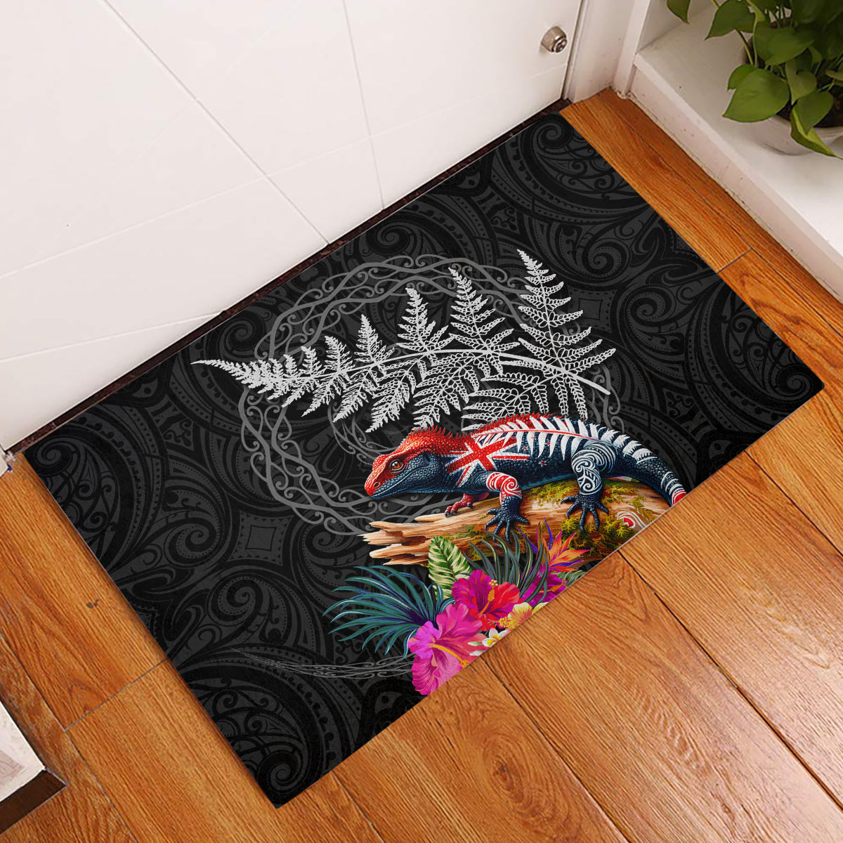 New Zealand Tuatara Rubber Doormat Silver Fern Hibiscus and Tribal Maori Pattern Black Color LT03 Black - Polynesian Pride
