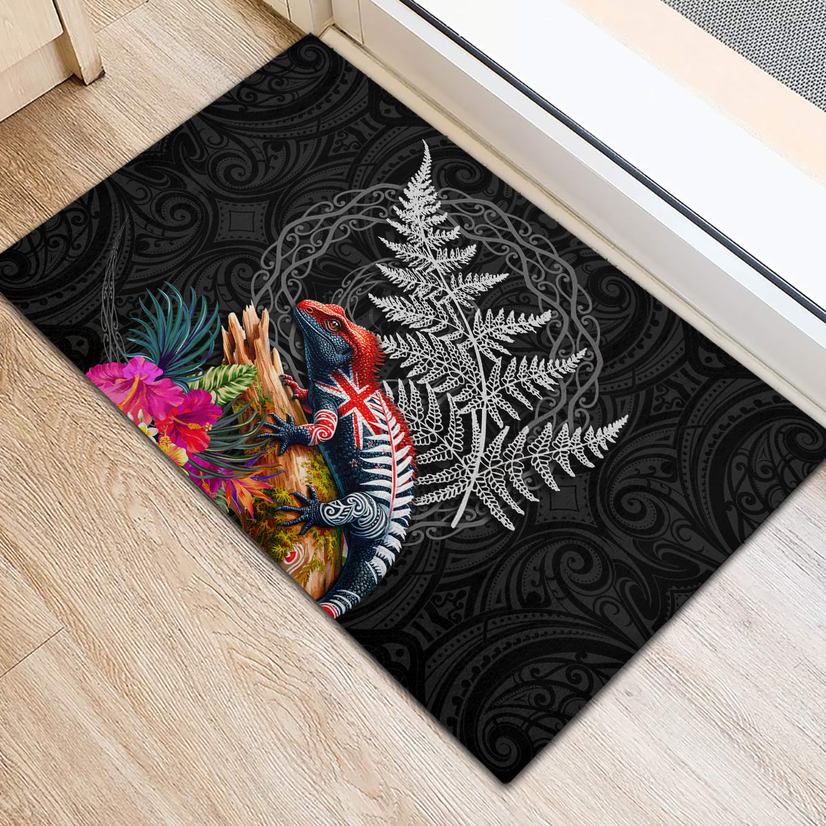 New Zealand Tuatara Rubber Doormat Silver Fern Hibiscus and Tribal Maori Pattern Black Color LT03 - Polynesian Pride