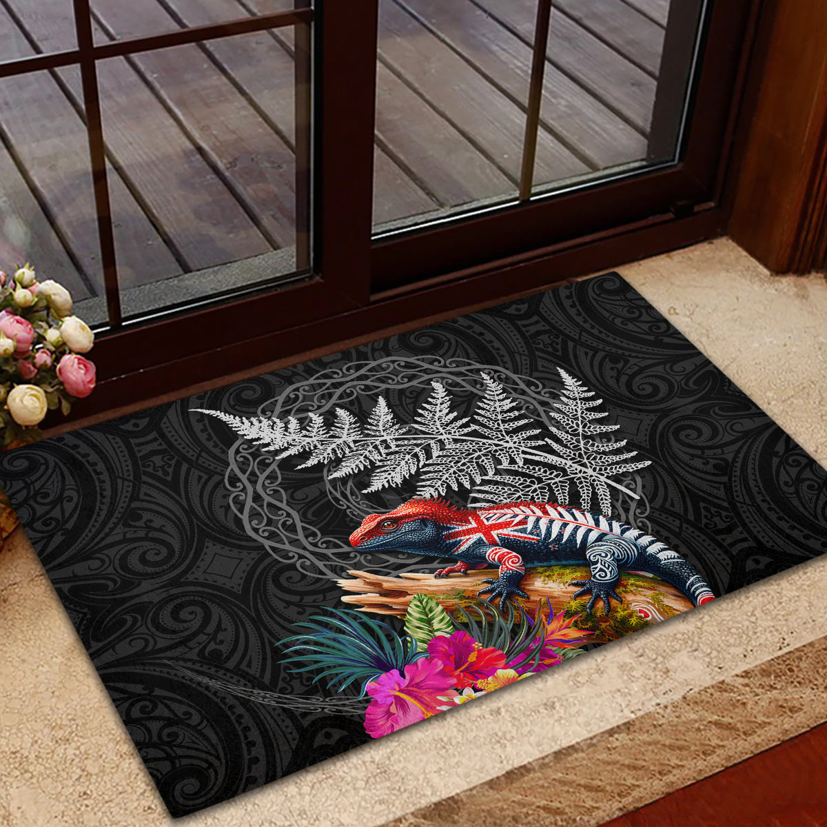 New Zealand Tuatara Rubber Doormat Silver Fern Hibiscus and Tribal Maori Pattern Black Color LT03 - Polynesian Pride