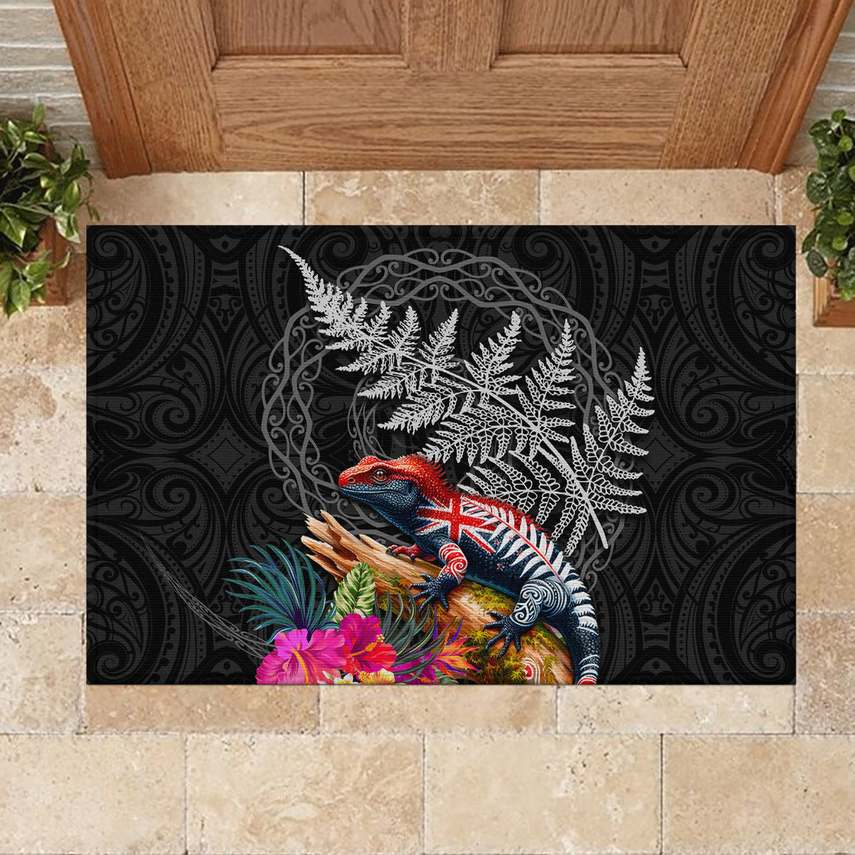 New Zealand Tuatara Rubber Doormat Silver Fern Hibiscus and Tribal Maori Pattern Black Color LT03 - Polynesian Pride