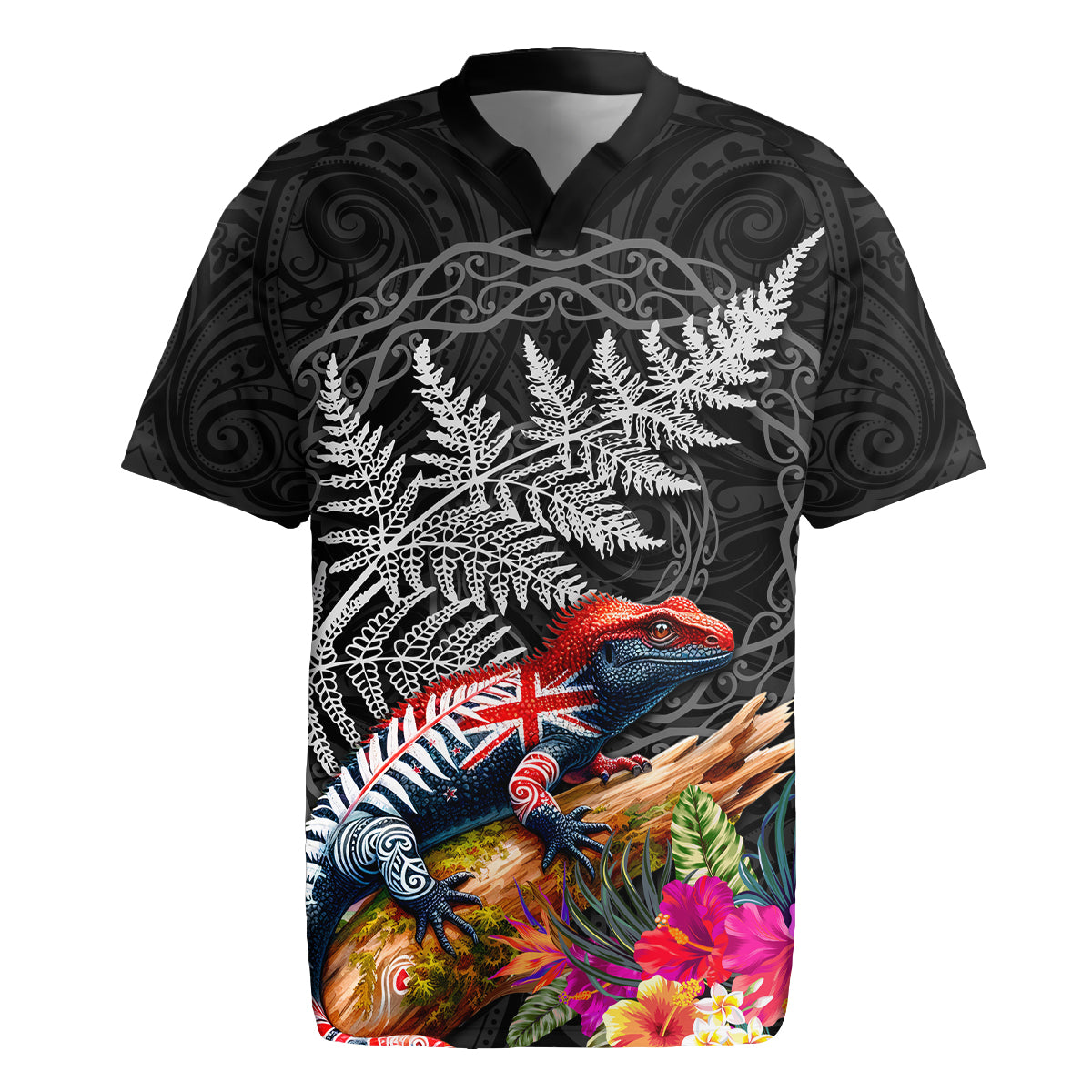New Zealand Tuatara Rugby Jersey Silver Fern Hibiscus and Tribal Maori Pattern Black Color LT03 Black - Polynesian Pride