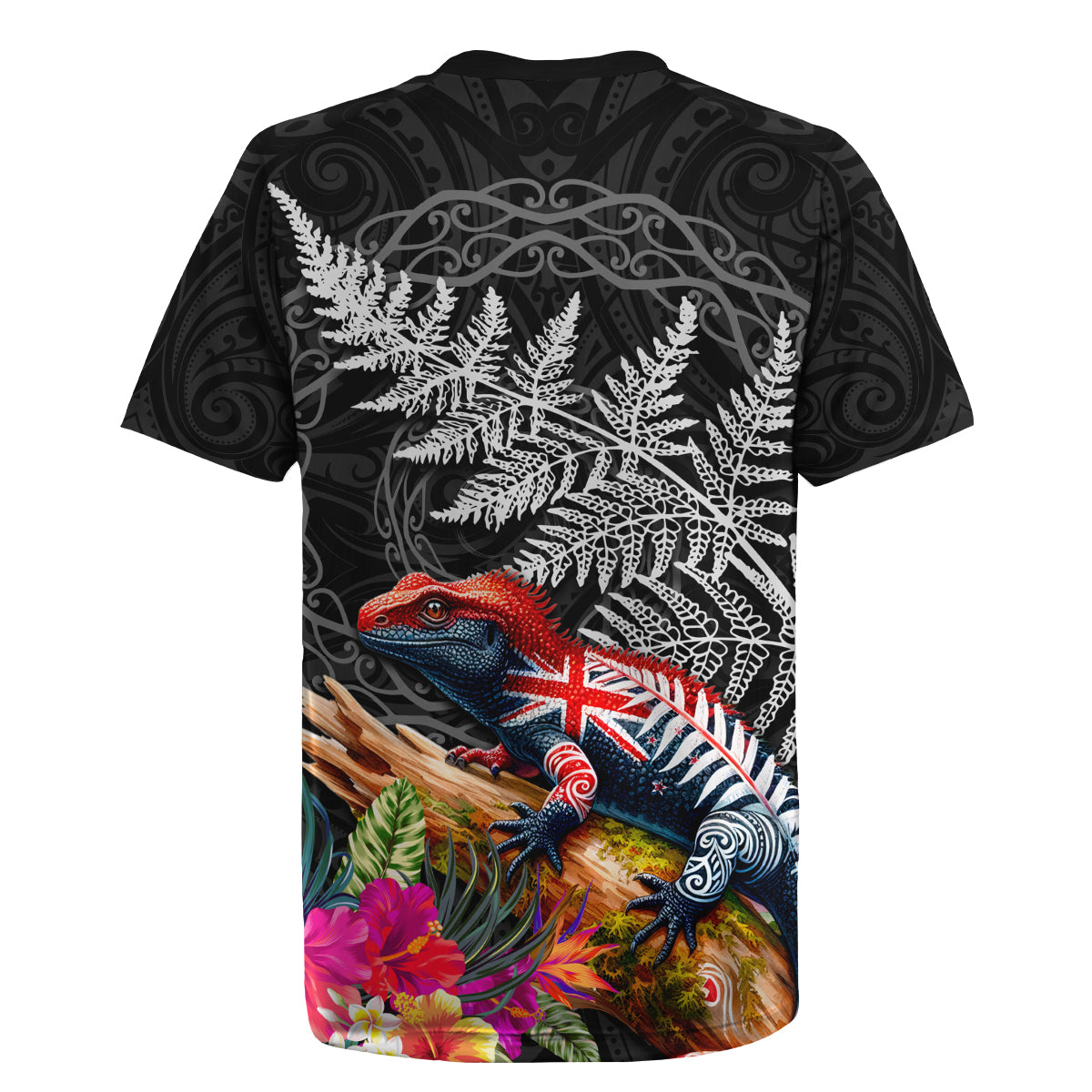 New Zealand Tuatara Rugby Jersey Silver Fern Hibiscus and Tribal Maori Pattern Black Color LT03 - Polynesian Pride