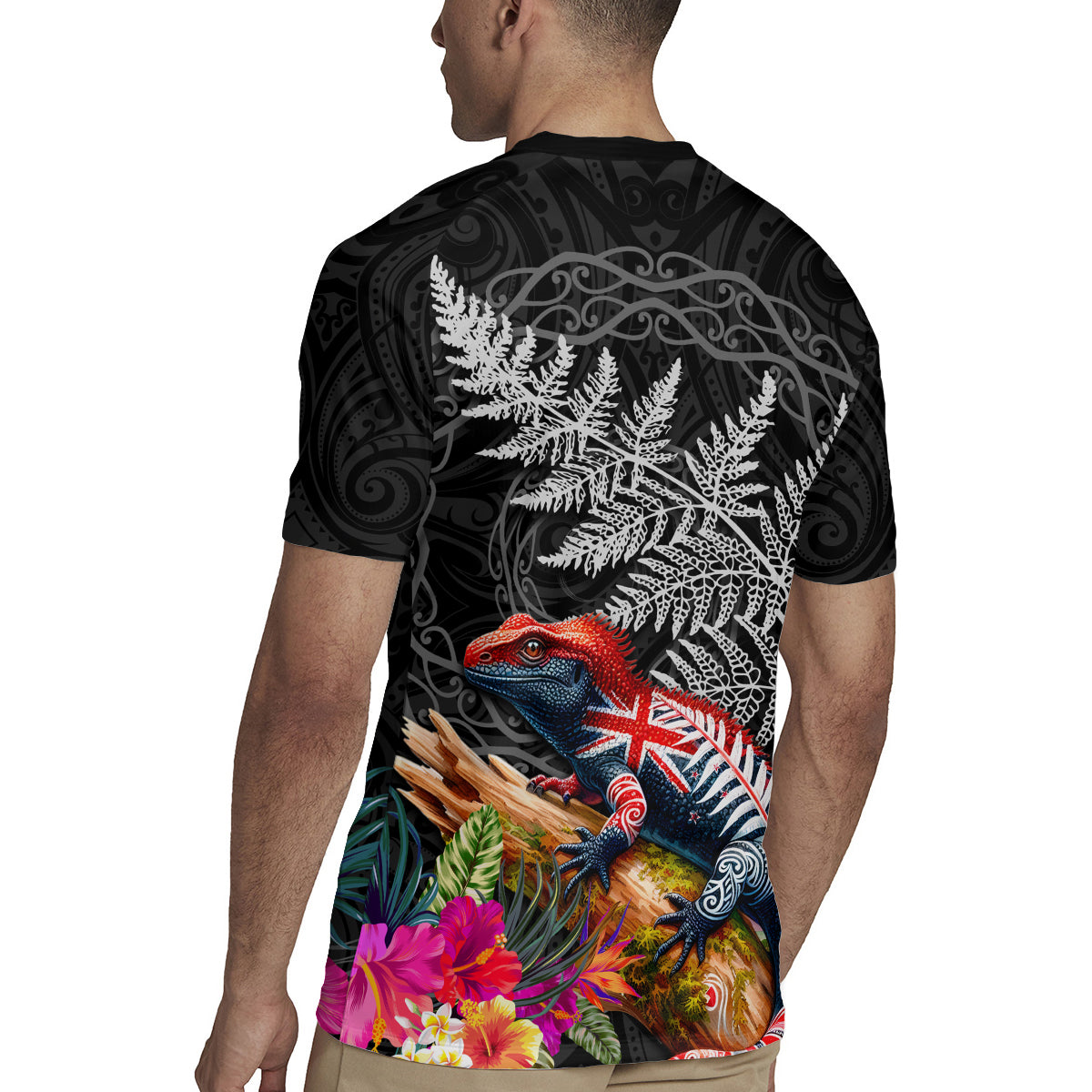 New Zealand Tuatara Rugby Jersey Silver Fern Hibiscus and Tribal Maori Pattern Black Color LT03 - Polynesian Pride