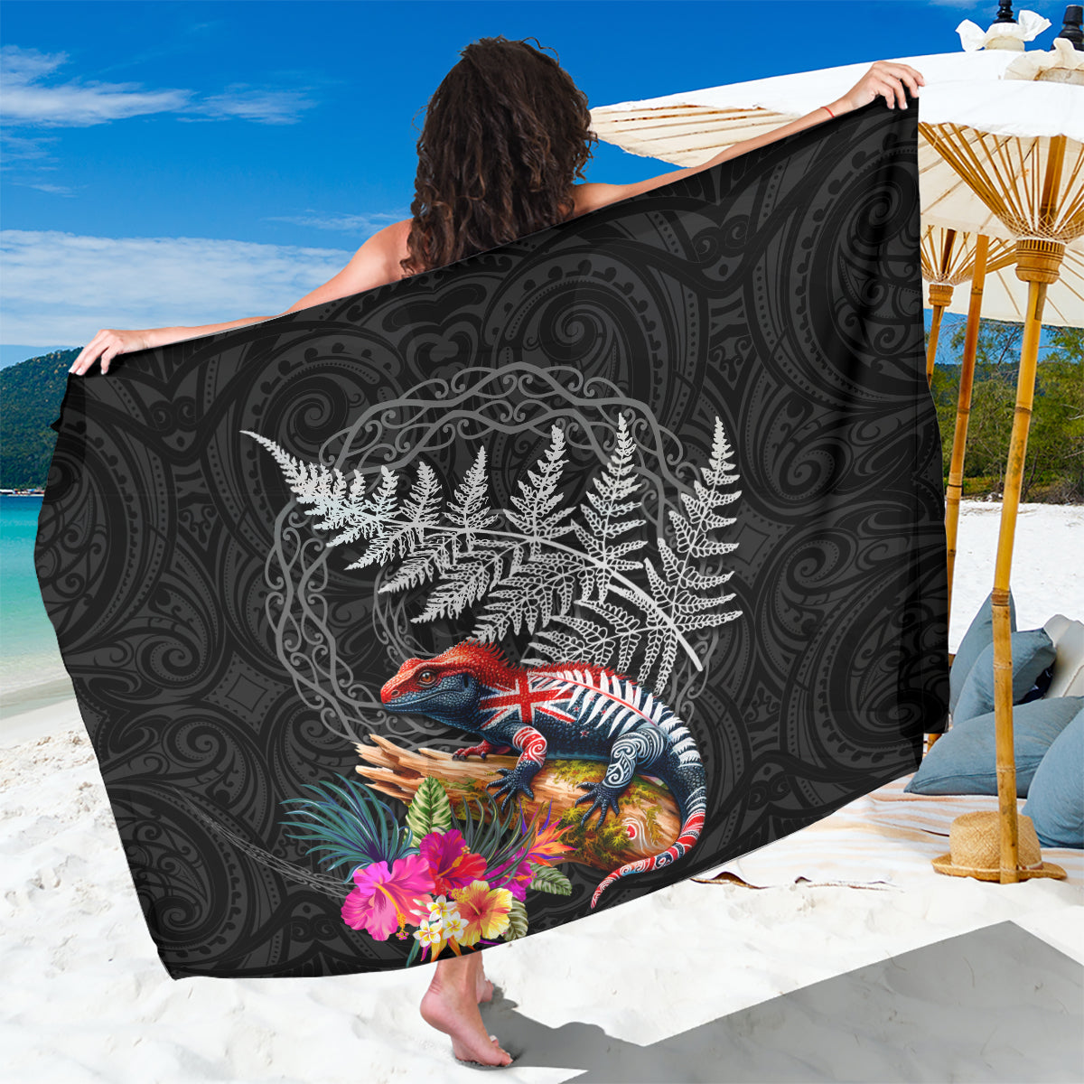 New Zealand Tuatara Sarong Silver Fern Hibiscus and Tribal Maori Pattern Black Color LT03 One Size 44 x 66 inches Black - Polynesian Pride