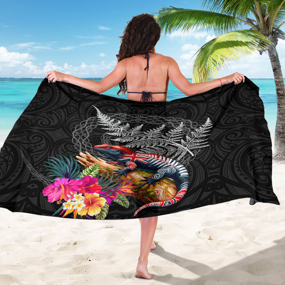 New Zealand Tuatara Sarong Silver Fern Hibiscus and Tribal Maori Pattern Black Color LT03 - Polynesian Pride