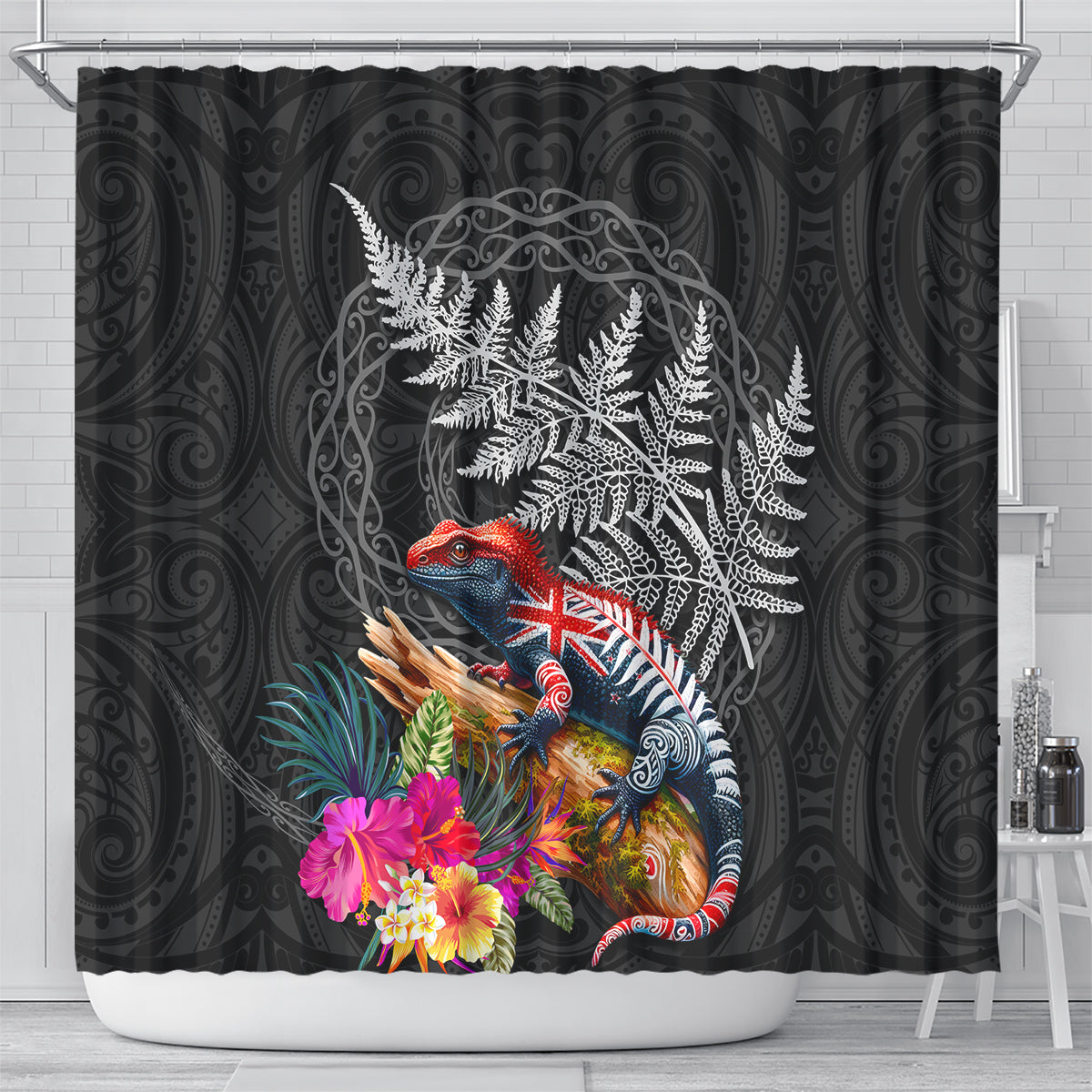 New Zealand Tuatara Shower Curtain Silver Fern Hibiscus and Tribal Maori Pattern Black Color LT03 - Polynesian Pride