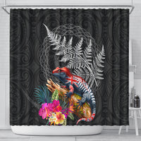 New Zealand Tuatara Shower Curtain Silver Fern Hibiscus and Tribal Maori Pattern Black Color LT03 - Polynesian Pride