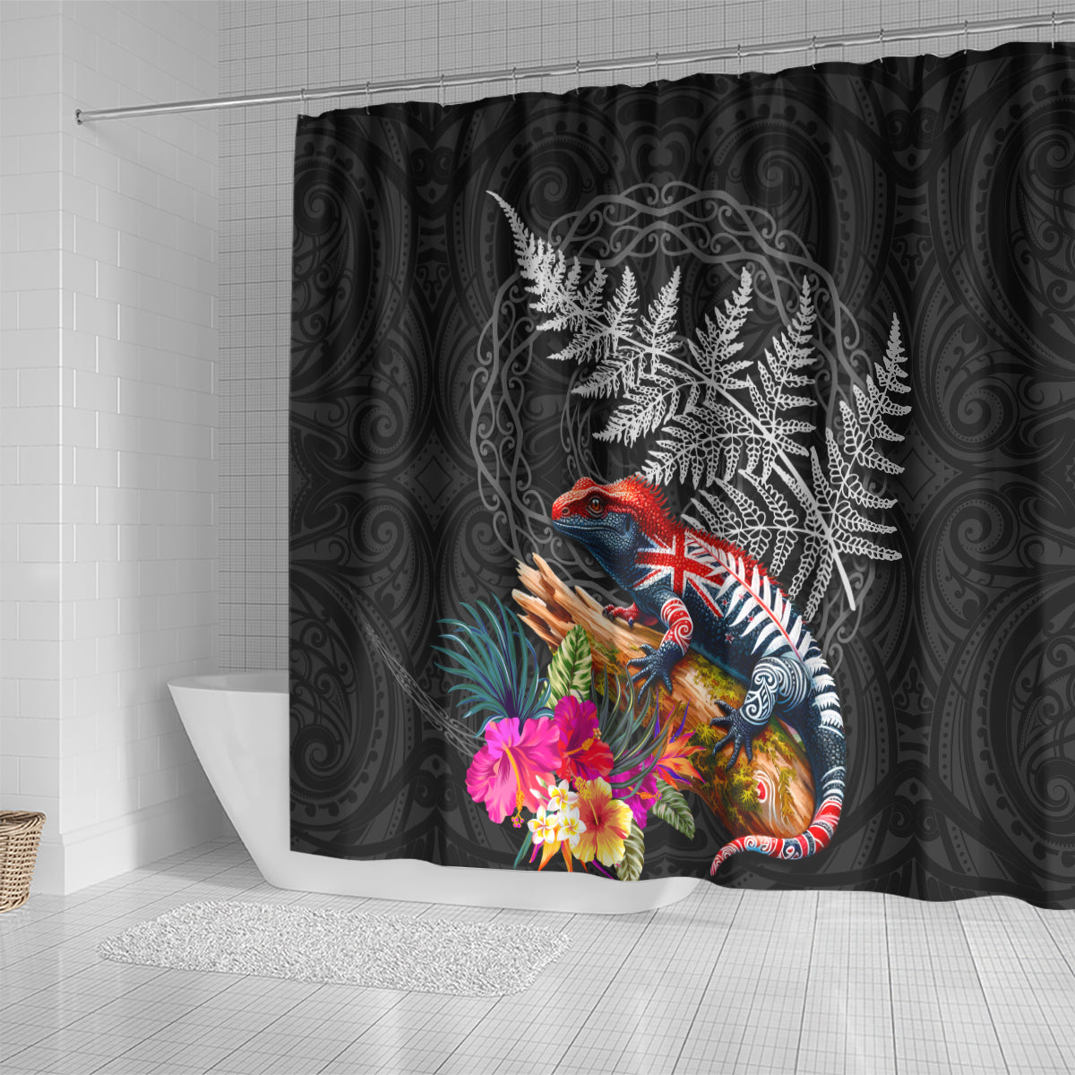 New Zealand Tuatara Shower Curtain Silver Fern Hibiscus and Tribal Maori Pattern Black Color LT03 - Polynesian Pride