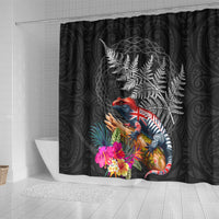 New Zealand Tuatara Shower Curtain Silver Fern Hibiscus and Tribal Maori Pattern Black Color LT03 - Polynesian Pride