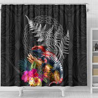 New Zealand Tuatara Shower Curtain Silver Fern Hibiscus and Tribal Maori Pattern Black Color LT03 - Polynesian Pride