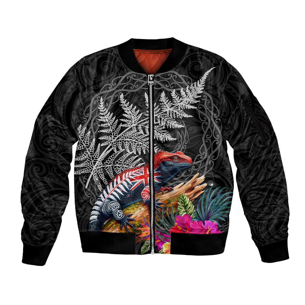 New Zealand Tuatara Sleeve Zip Bomber Jacket Silver Fern Hibiscus and Tribal Maori Pattern Black Color LT03 Unisex Black - Polynesian Pride