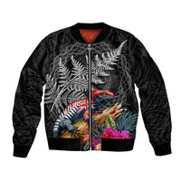 New Zealand Tuatara Sleeve Zip Bomber Jacket Silver Fern Hibiscus and Tribal Maori Pattern Black Color LT03 Unisex Black - Polynesian Pride