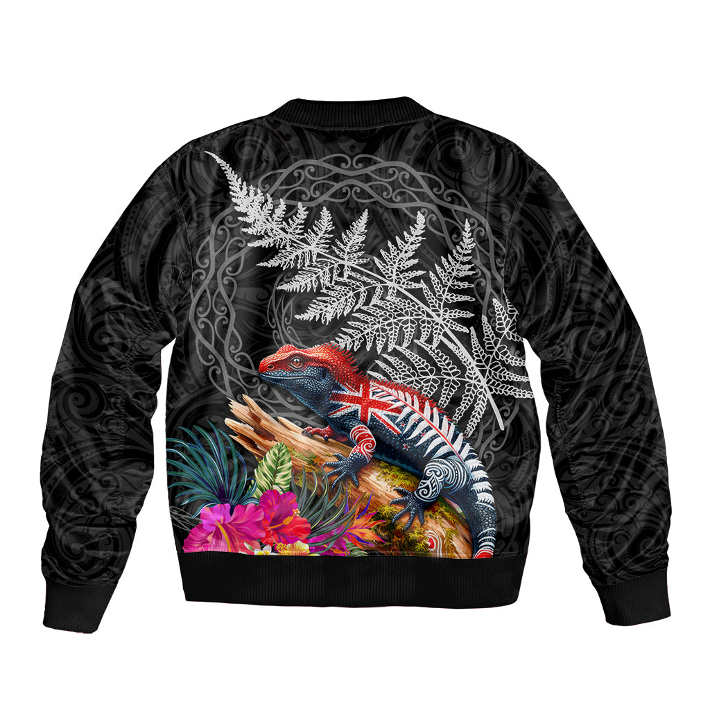 New Zealand Tuatara Sleeve Zip Bomber Jacket Silver Fern Hibiscus and Tribal Maori Pattern Black Color LT03 - Polynesian Pride